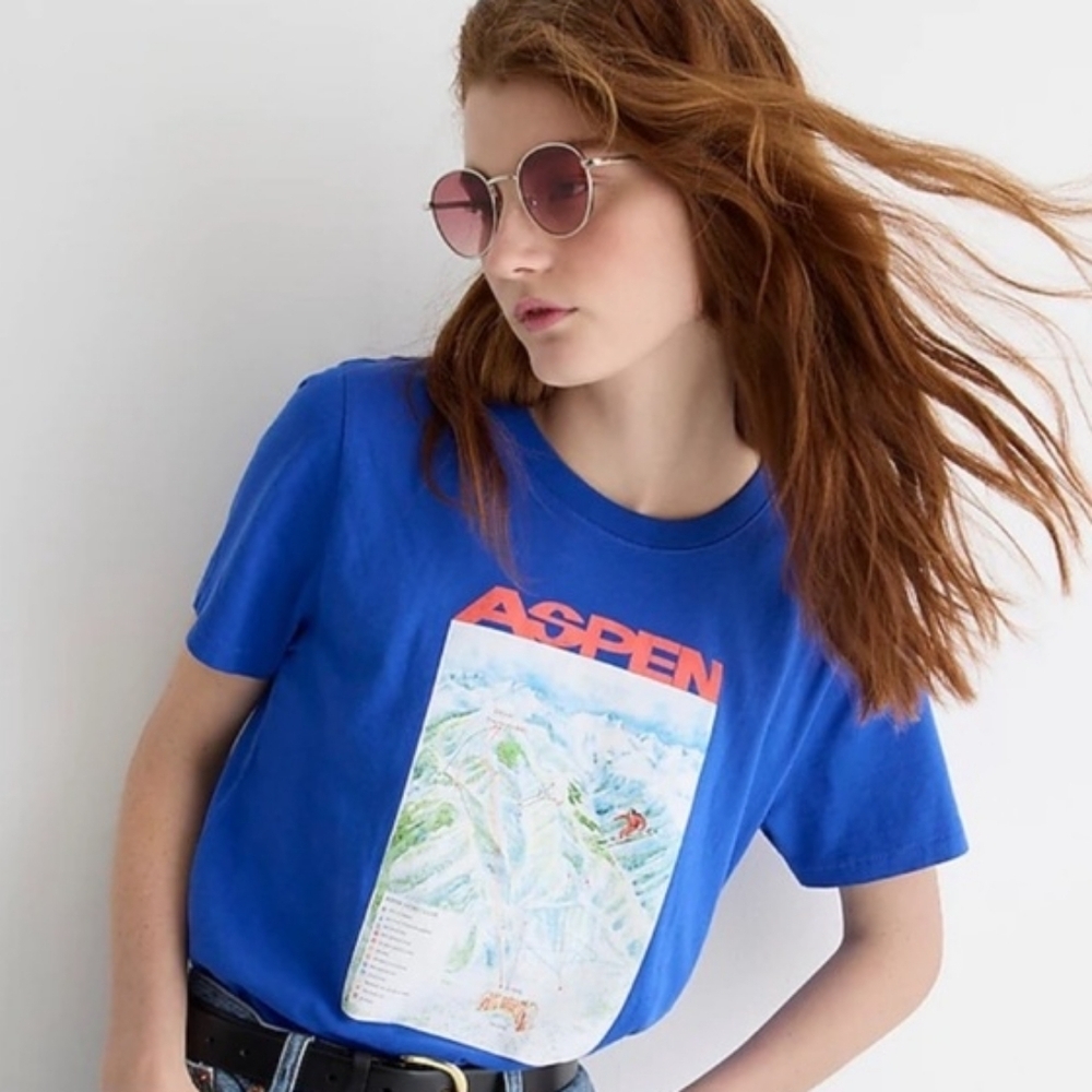 J. Crew Aspen Broken in Jersey Graphic T-Shirt Regal Blue Womens XS‎ Cotton NWT